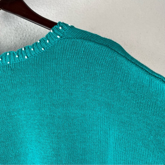 Vintage Sweater XL Lucia Cardigan Teal Green Knit Embroidered Floral Scalloped - Picture 14 of 16